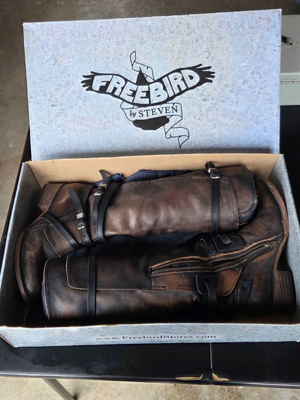 Distressed Brown Leather Knee-High Riding Boots with Buckle Detail - Picture 6 of 10